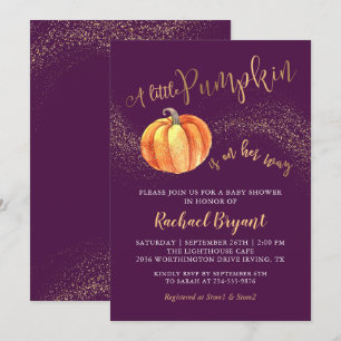 Gold Glitter Pumpkin Purple Girl Baby Shower Invitation