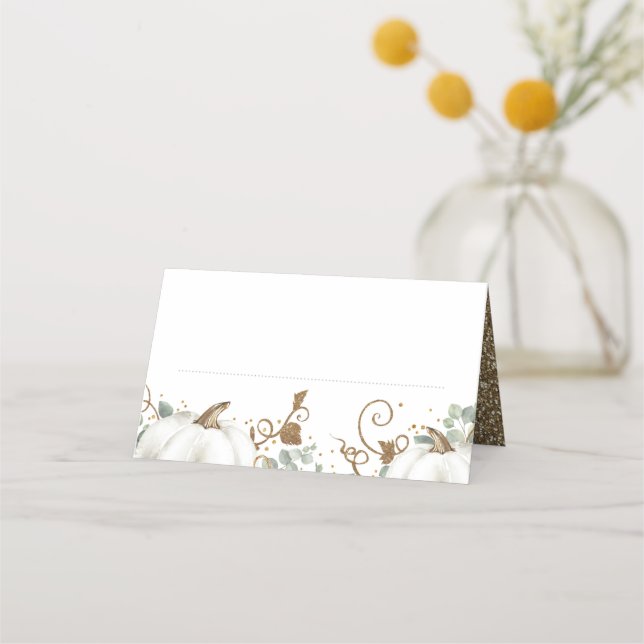 Gold Glitter Pumpkins Fall Wedding Place Card (Front)