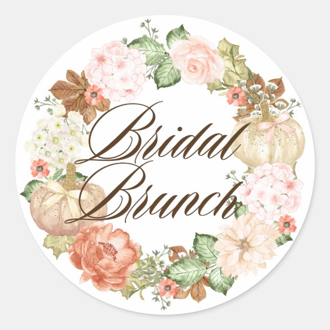 Gold Glitter Pumpkins Wreath Fall Bridal Brunch Classic Round Sticker (Front)