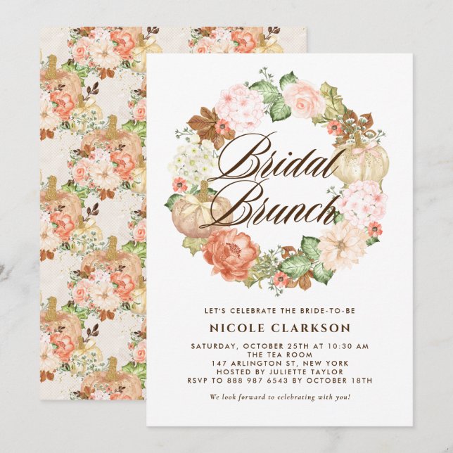 Gold Glitter Pumpkins Wreath Fall Bridal Brunch Invitation (Front/Back)