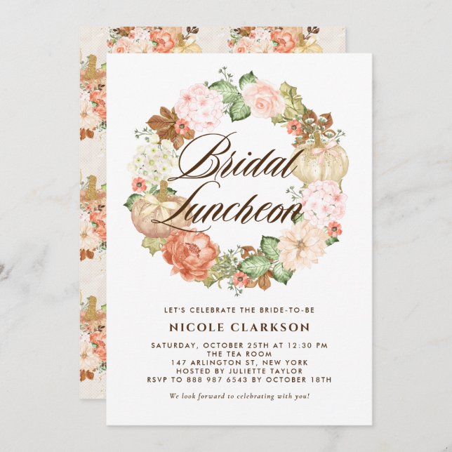 Gold Glitter Pumpkins Wreath Fall Bridal Luncheon Invitation (Front/Back)