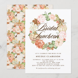 Gold Glitter Pumpkins Wreath Fall Bridal Luncheon Invitation