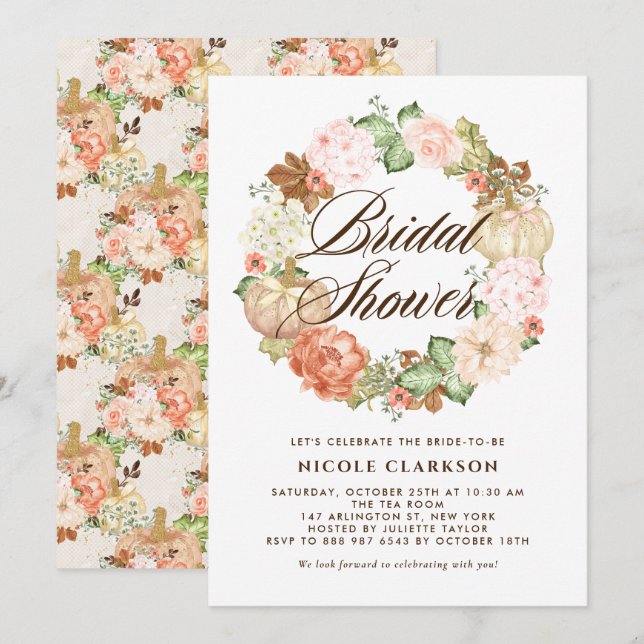 Gold Glitter Pumpkins Wreath Fall Bridal Shower Invitation (Front/Back)