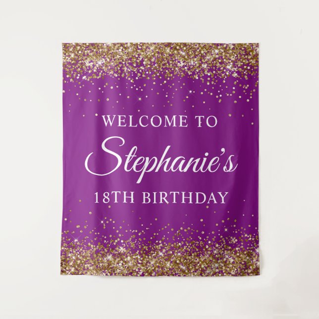 Gold Glitter Purple 18th Birthday Party Welcome Tapestry (Front)