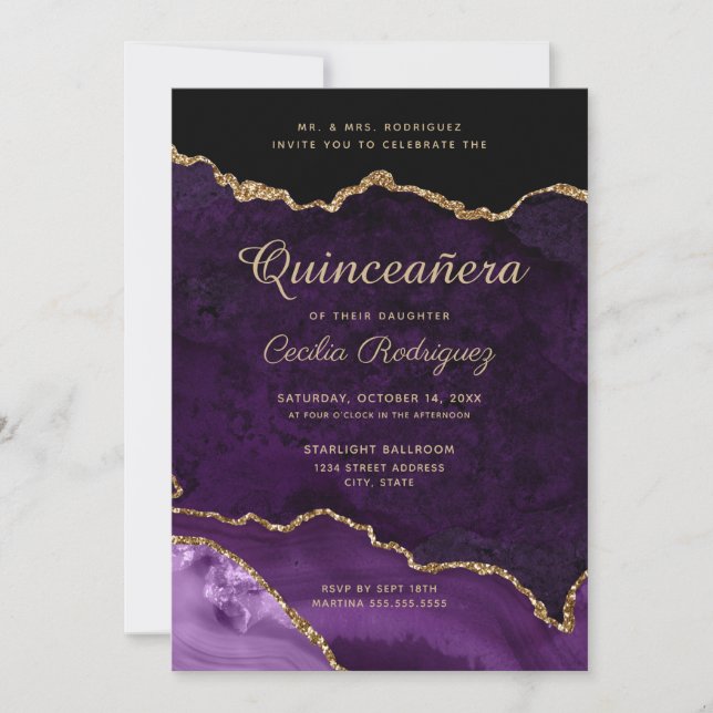 Gold Glitter Purple Agate Quinceanera Invitation (Front)