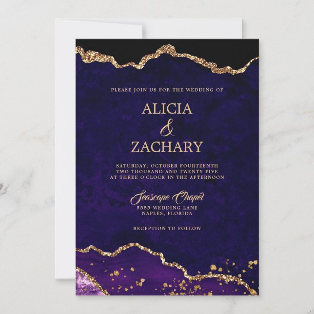 Gold Glitter Purple Agate Wedding Invitation (Front)