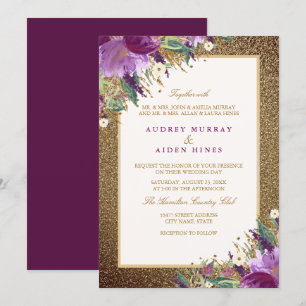 Gold Glitter Purple Amethyst Floral Wedding Invitation