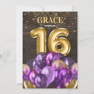 Gold Glitter Purple Balloons 16th Birthday Party Invitation