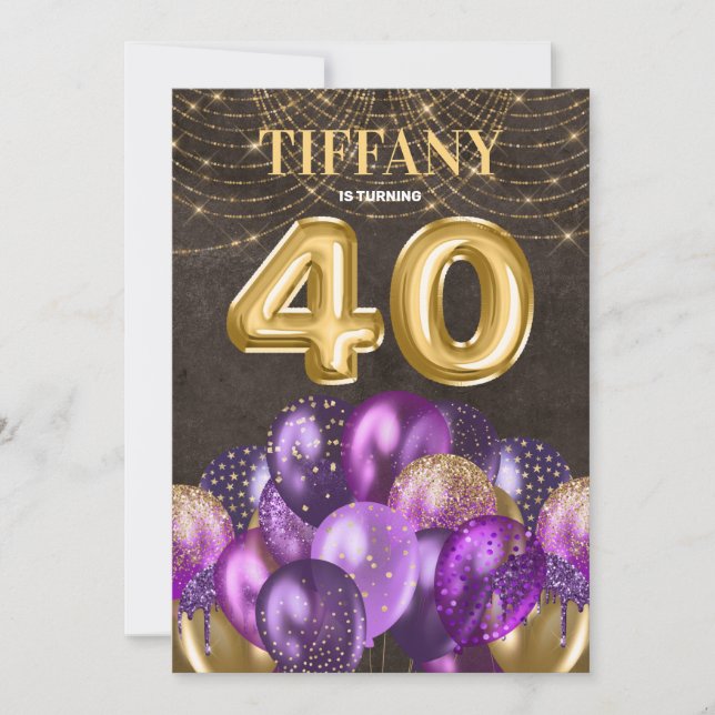 Gold Glitter Purple Balloons 40th Birthday Invitation (Front)