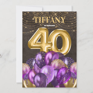 Gold Glitter Purple Balloons 40th Birthday Party Invitation