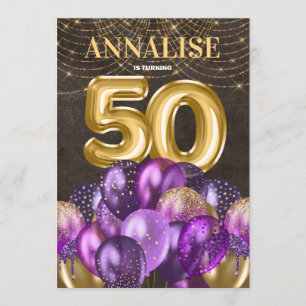 Gold Glitter Purple Balloons 50th Birthday Party Invitation