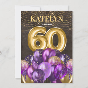 Gold Glitter Purple Balloons 60th Birthday Party Invitation