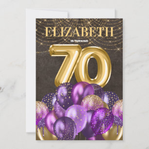 Gold Glitter Purple Balloons 70th Birthday Party Invitation