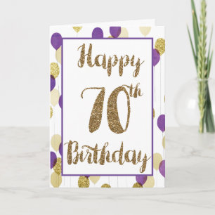 Gold Glitter Purple Balloons Happy 70th Birthday Card