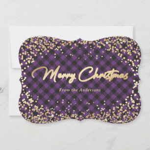 Gold Glitter Purple Buffalo Plaid Christmas Cards