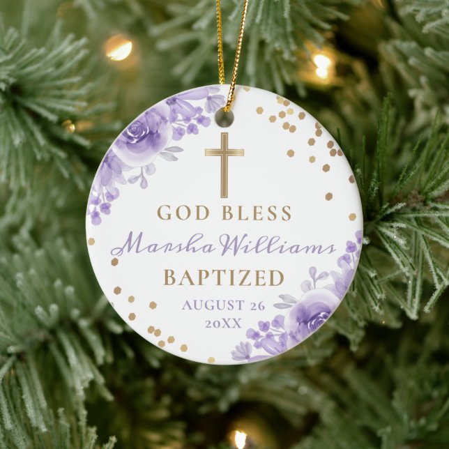Gold Glitter Purple Floral Girl Baptism Photo Ceramic Tree Decoration (Tree)