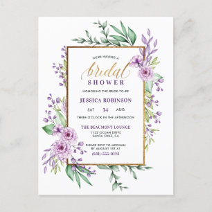 Gold Glitter Purple Flowers Script Bridal Shower Invitation Postcard