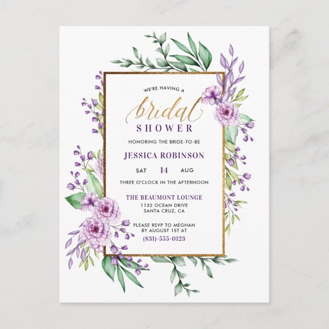 Gold Glitter Purple Flowers Script Bridal Shower Invitation Postcard (Front)