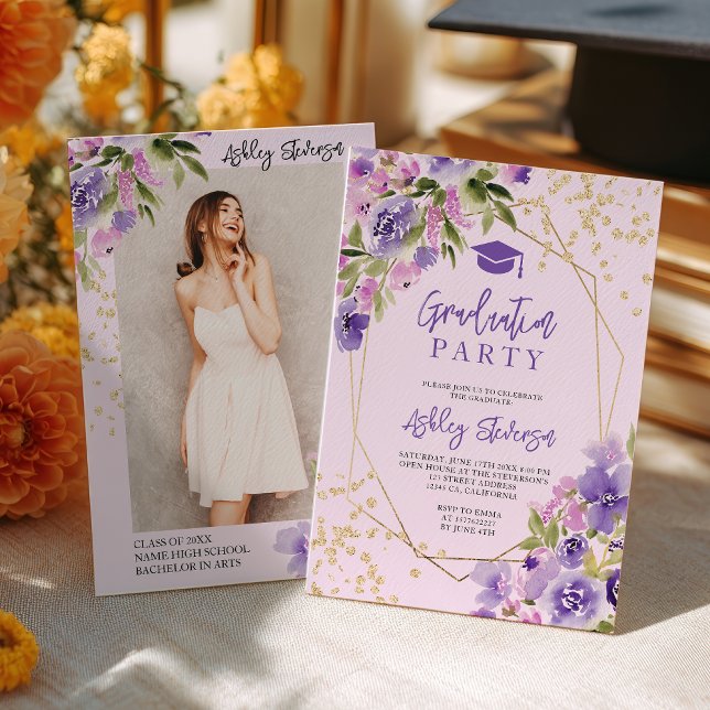 Gold glitter Purple girly floral photo graduation Invitation (Gold glitter Purple girly floral photo graduation Invitation)