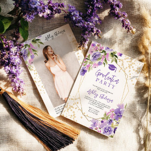 Gold glitter Purple girly floral photo graduation Invitation