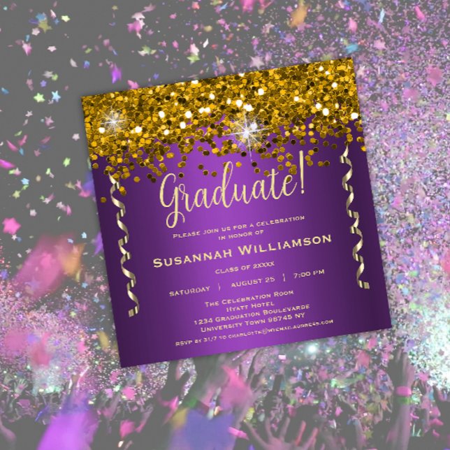 Gold Glitter Purple Graduation Party Invitation (Creator Uploaded)