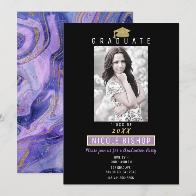 Gold Glitter Purple Marble Glam Graduation Party Invitation (Front/Back)