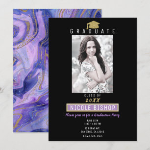 Gold Glitter Purple Marble Glam Graduation Party Invitation