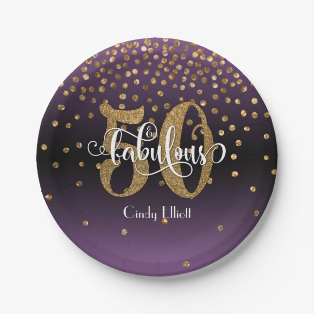 Gold Glitter Purple Ombre 50 & Fabulous Birthday Paper Plate (Front)