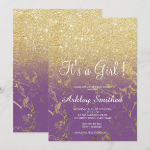 Gold glitter purple ombre marble girl baby shower invitation