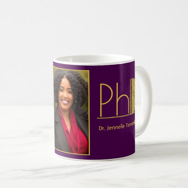 Gold Glitter Purple Photo PhD Graduation Coffee Mug (Front Right)