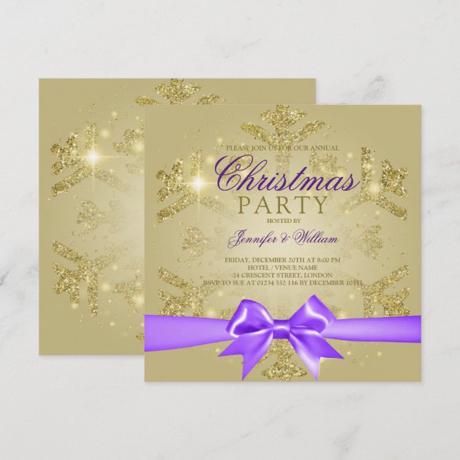 Gold Glitter & Purple Ribbon | Xmas Holiday Party  Invitation (Front/Back)