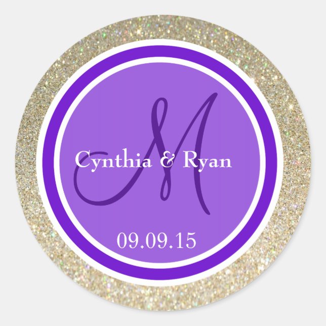 Gold Glitter & Purple Wedding Monogram Classic Round Sticker (Front)