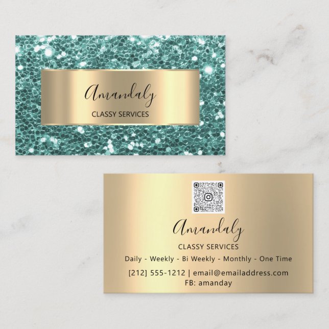 Gold  Glitter QR Code Logo Teal Mint Green Busines Business Card (Front/Back)