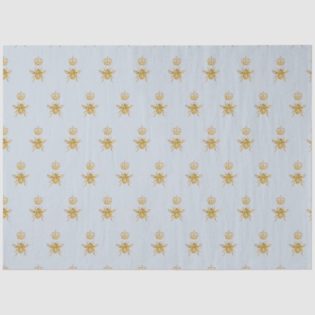 Gold Glitter Queen Bee Crown Dusty Blue Baby Boy Tissue Paper (Front)