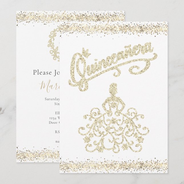 Gold Glitter Quinceañera 15 Crown Invitation (Front/Back)