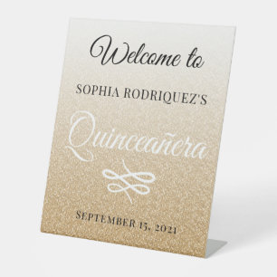 Gold Glitter Quinceañera 15th Birthday Welcome  Pedestal Sign