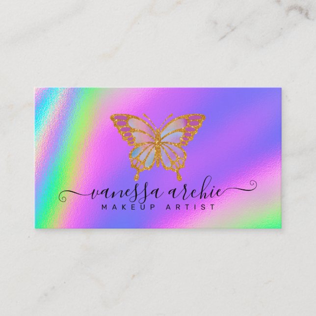 Gold Glitter Rainbow Holographic Butterfly Business Card (Front)