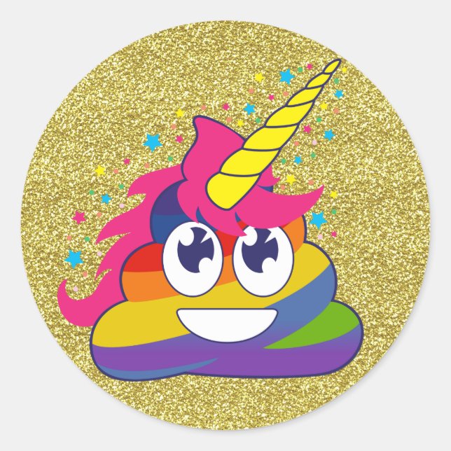 Gold Glitter Rainbow Poop Unicorn Emoji Stickers (Front)