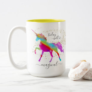 Gold Glitter Rainbow Unicorn Today will be Magical Two-Tone Coffee Mug
