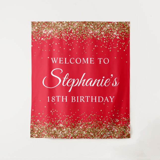 Gold Glitter Red 18th Birthday Party Welcome Tapestry (Front)