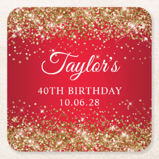 Gold Glitter Red 40th Birthday Square Paper Coaster