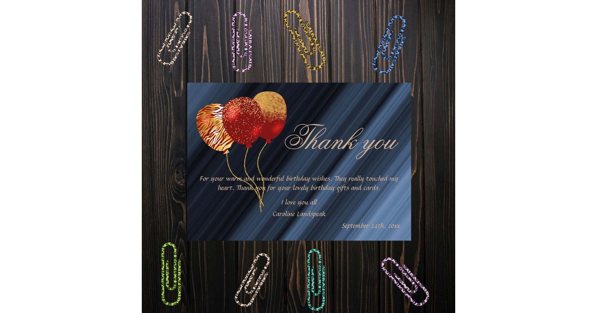 Gold & Glitter Red Balloons Birthday Thank You Card | Zazzle