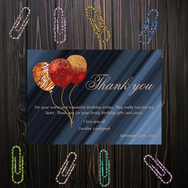 Gold & Glitter Red Balloons Birthday Thank You Card (Creator Uploaded)