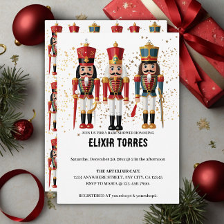 Gold Glitter Red & Blue Nutcracker Baby Shower Invitation