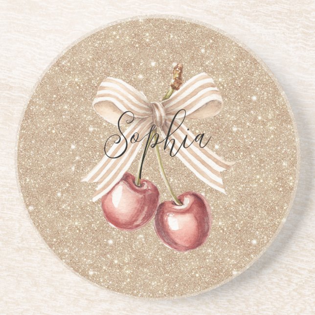 Gold Glitter Red Cherries Coaster (Front)