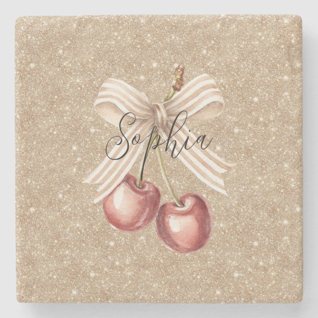 Gold Glitter Red Cherries Stone Coaster (Front)