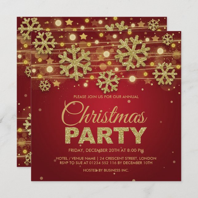 Gold Glitter & Red Corporate Christmas Party Invitation (Front/Back)