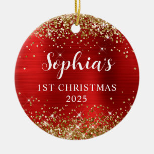 Gold Glitter Red Faux Foil 1st Christmas Photo Ceramic Tree Decoration