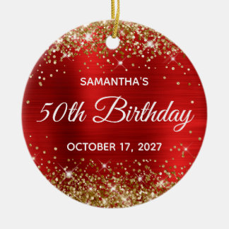 Gold Glitter Red Foil 50th Birthday Ceramic Tree Decoration