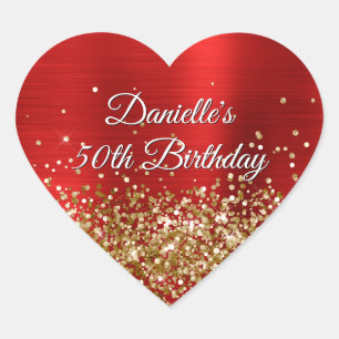 Gold Glitter Red Foil 50th Birthday Heart Sticker